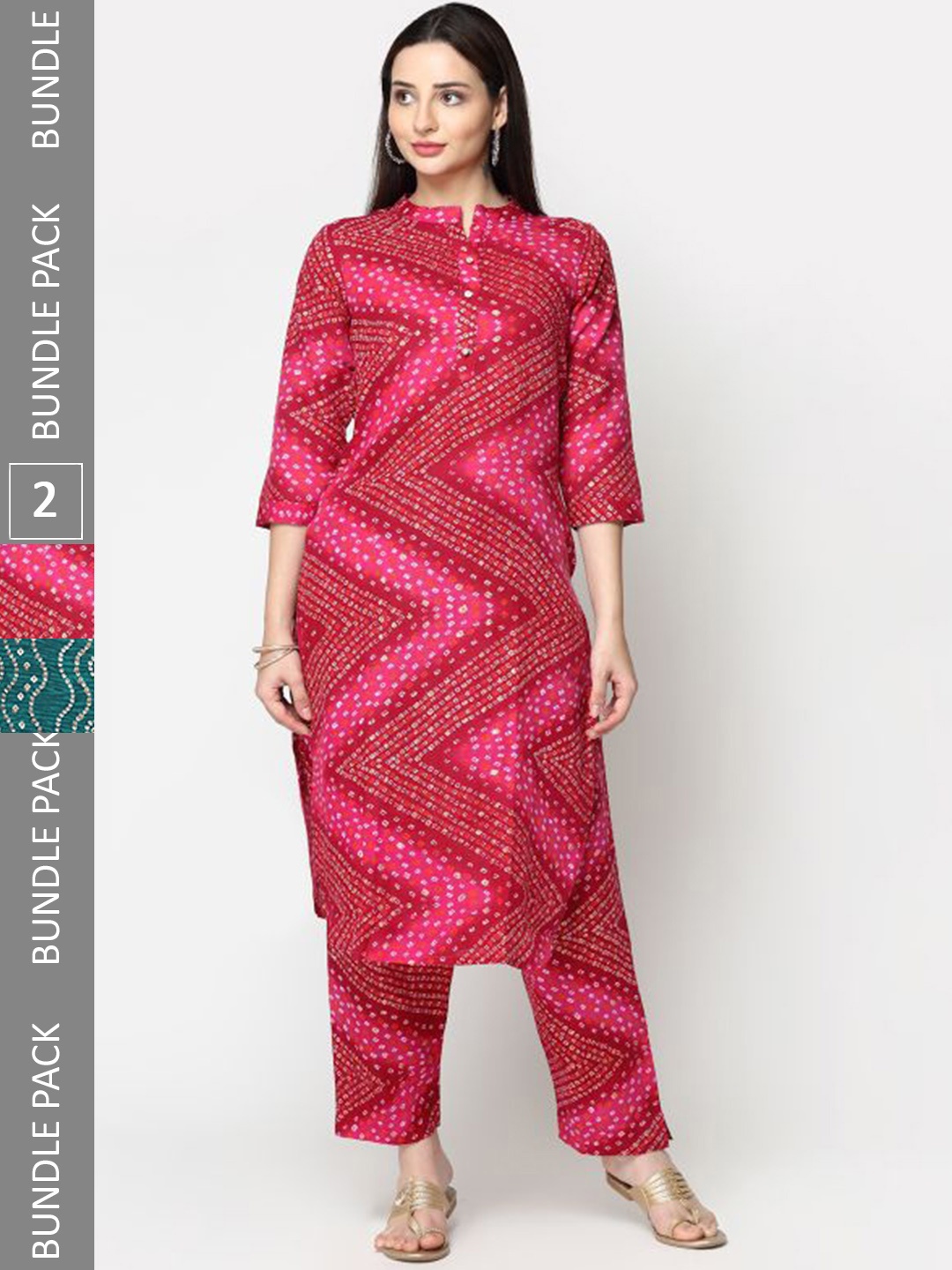 

KALINI Pack Of 2 Bandhani Printed Pure Cotton Kurta with Trousers, Green