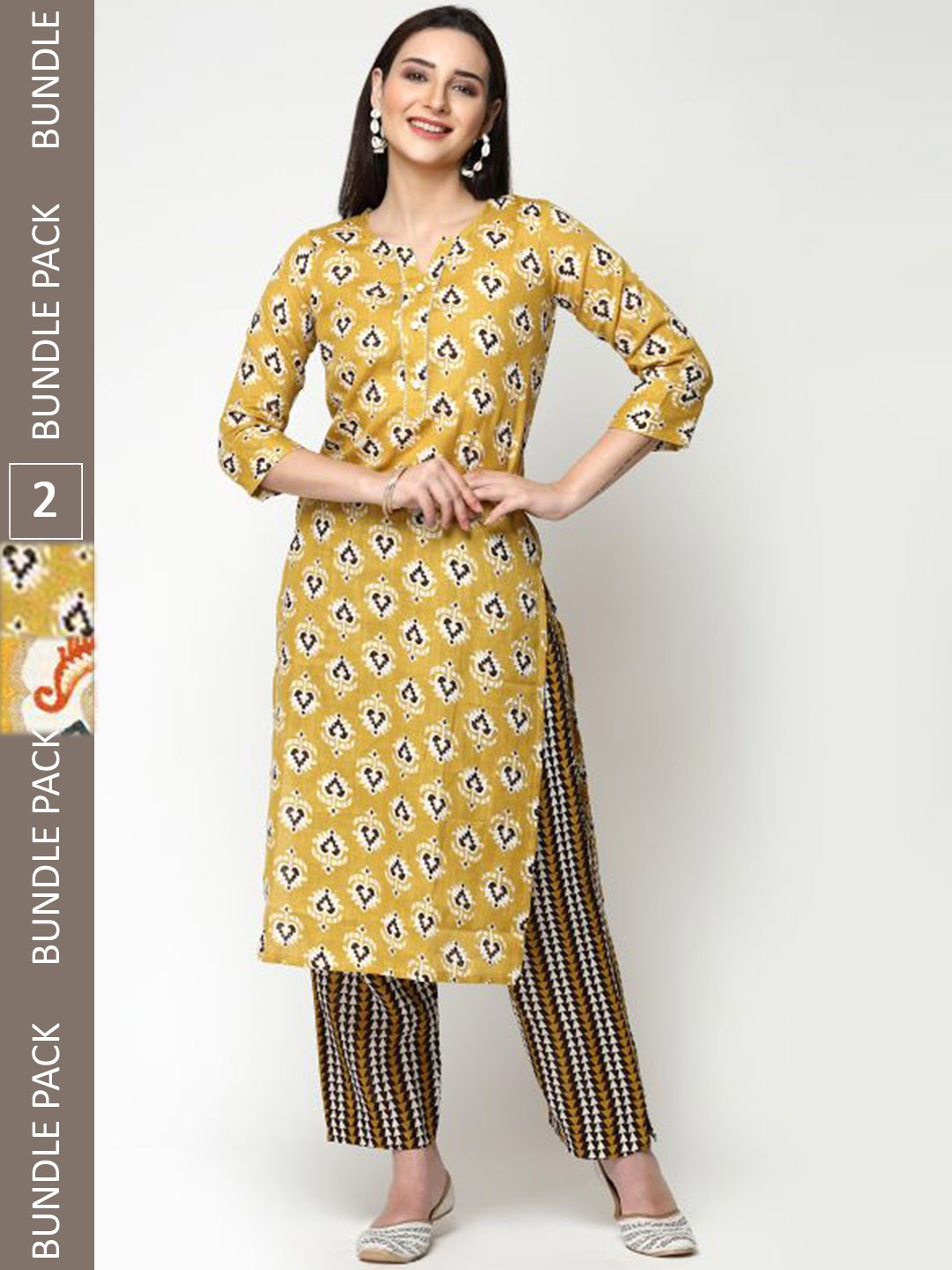 

KALINI Pack Of 2 Ethnic Motifs Printed Pure Cotton Kurta with Trousers, Yellow