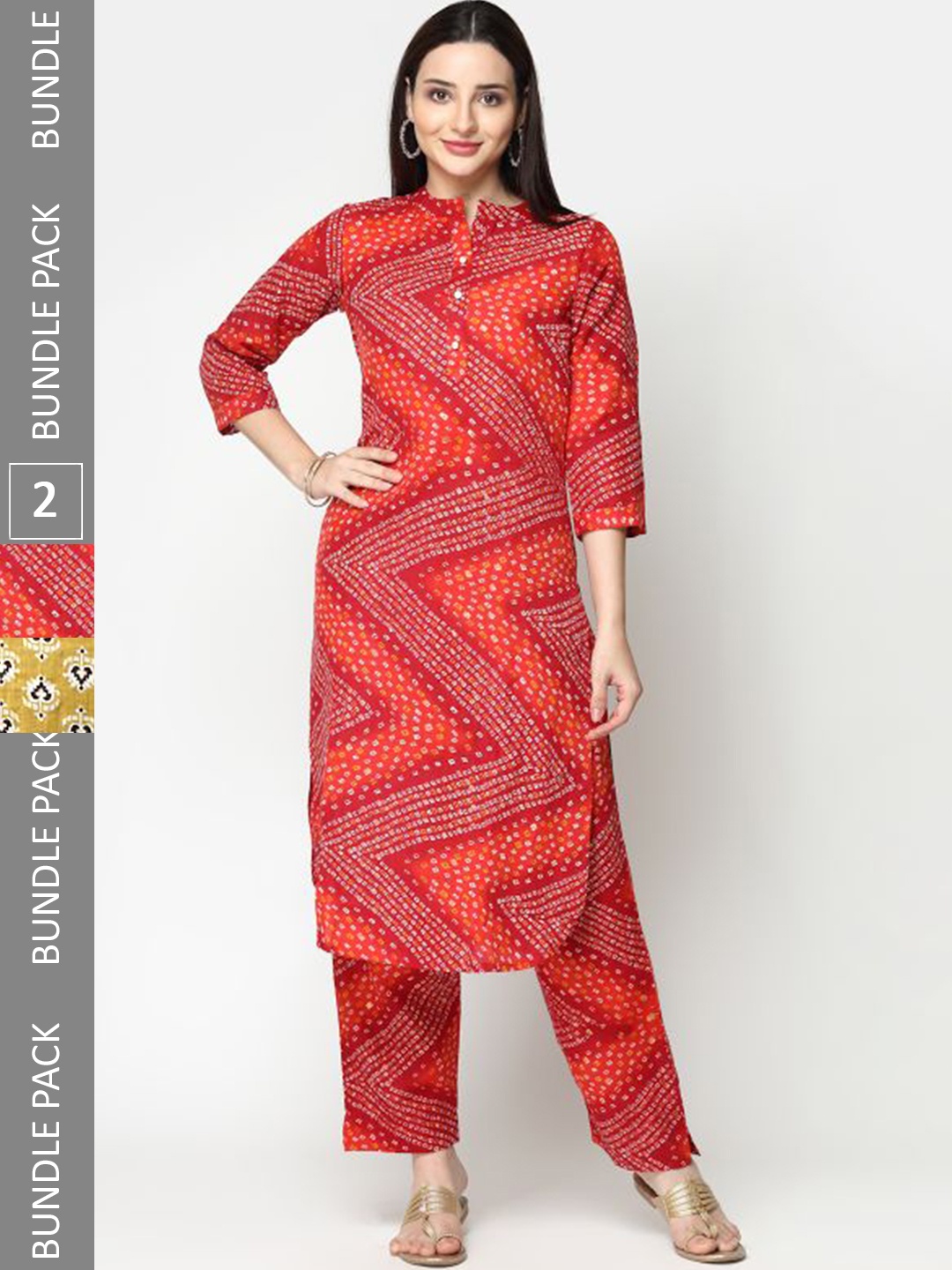 

KALINI Pack Of 2 Ethnic Motifs Printed Pure Cotton Kurta with Trousers, Red