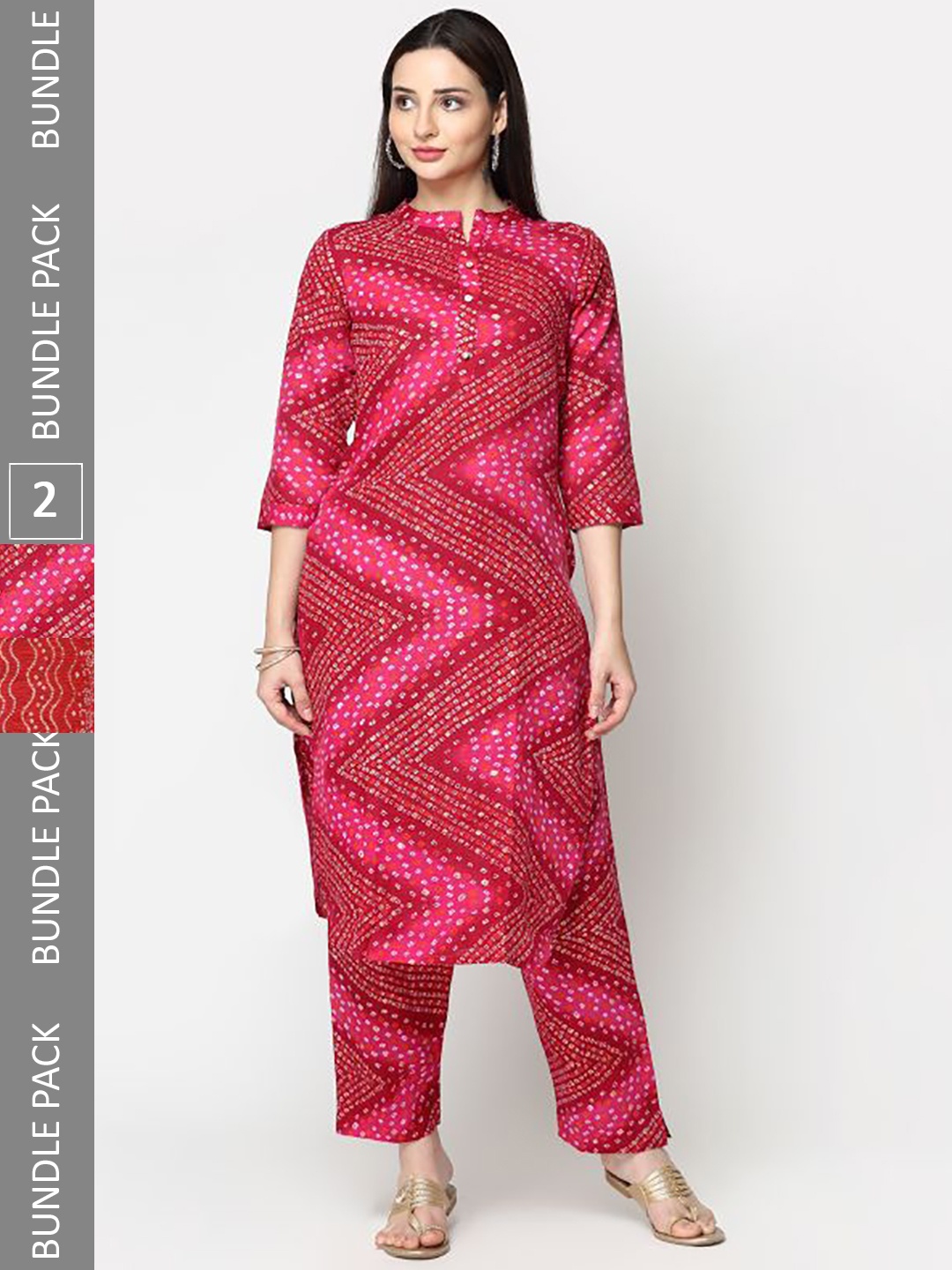 

KALINI A Selection Of 2 Bandhani Printed Regular Pure Cotton Kurta With Trousers, Pink