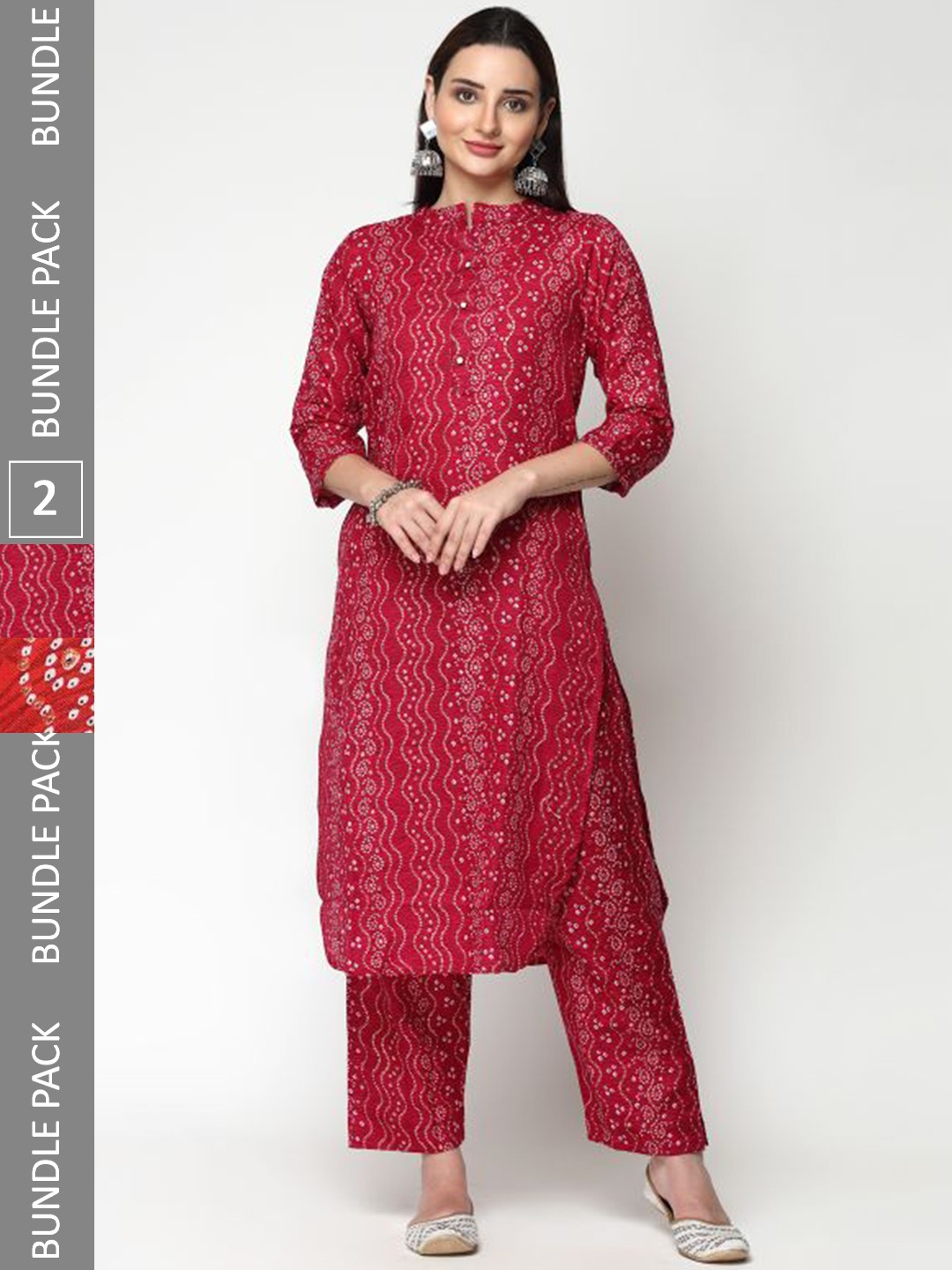 

KALINI Pack Of 2 Bandhani Printed Pure Cotton Kurti With Trousers, Red