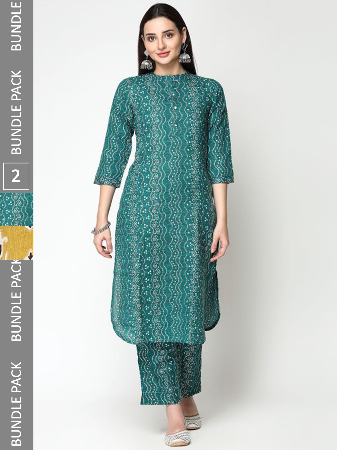 

KALINI Selection Of 2 Ethnic Motifs Printed Pure Cotton Kurta With Trousers, Green