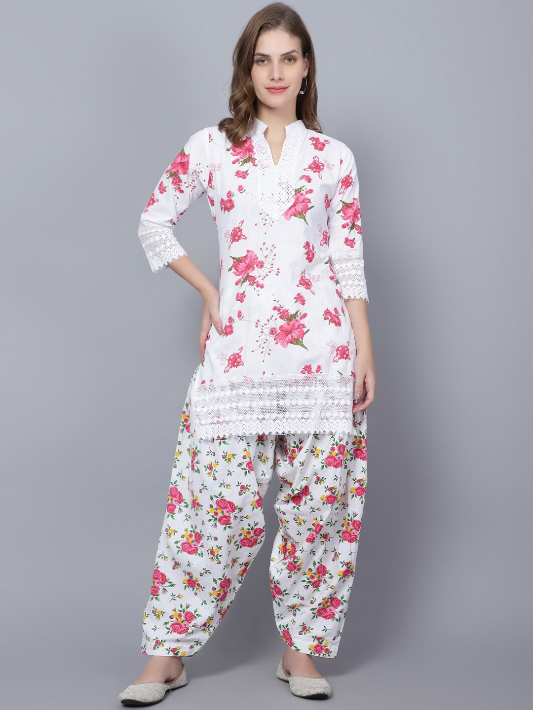 

Trendzmy Floral Printed Band Collar Regular Pure Cotton Kurta with Salwar, White