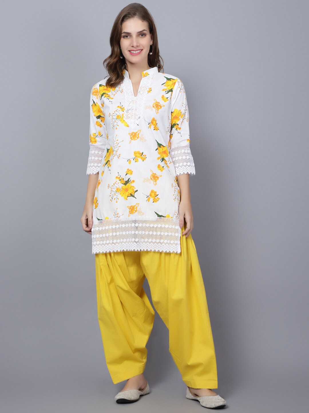 

Trendzmy Floral Printed Band Collar Regular Pure Cotton Kurta with Salwar, Yellow