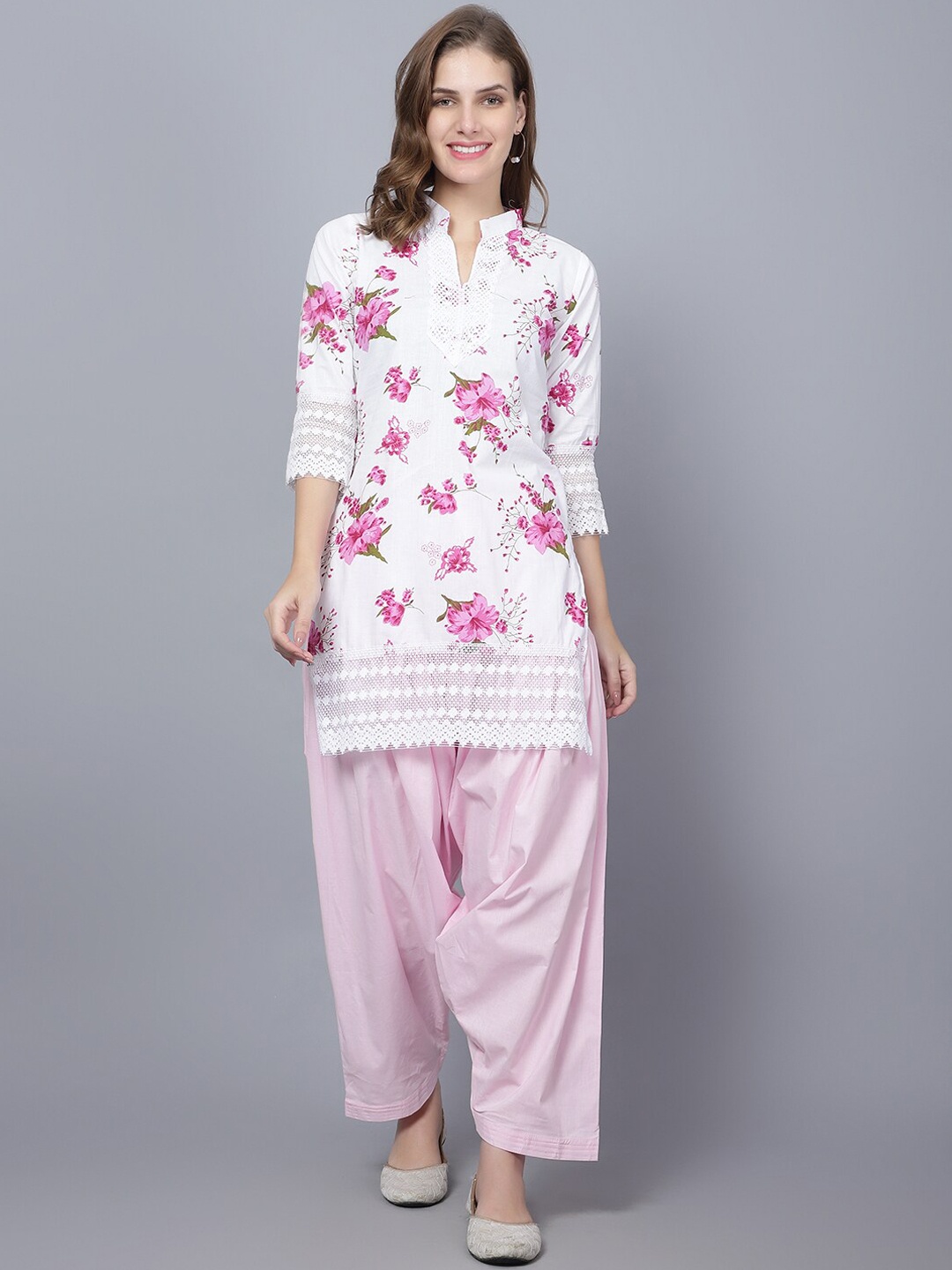 

Trendzmy Floral Printed Band Collar Regular Pure Cotton Kurta with Salwar, Pink