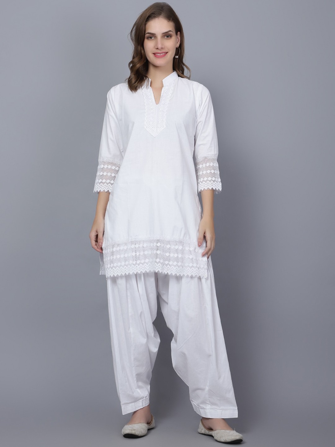 

Trendzmy Band Collar Regular Pure Cotton Kurta with Salwar, White