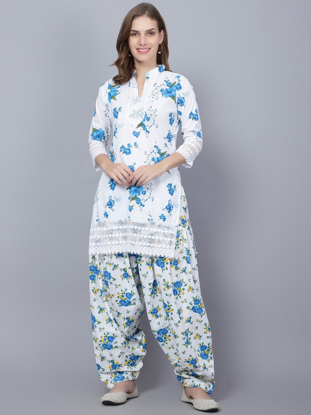 

Trendzmy Floral Printed Band Collar Regular Pure Cotton Kurta with Salwar, White