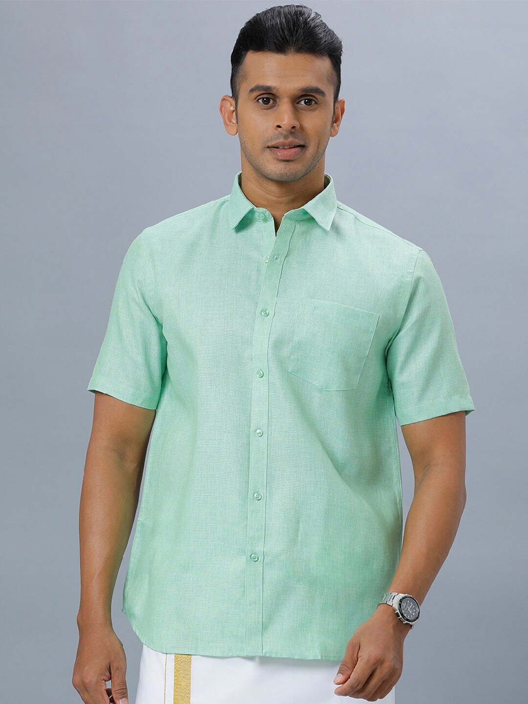 

Ramraj Original Spread Collar Pure Cotton Formal Shirt, Green