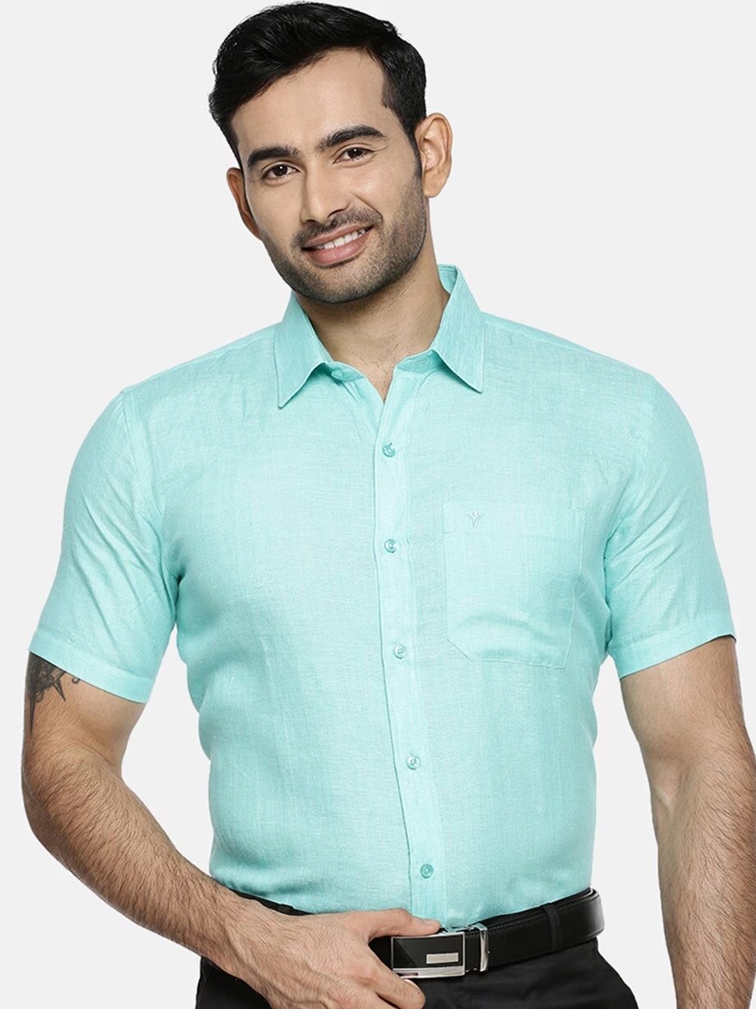 

Ramraj Original Pure Linen Casual Shirt, Turquoise blue