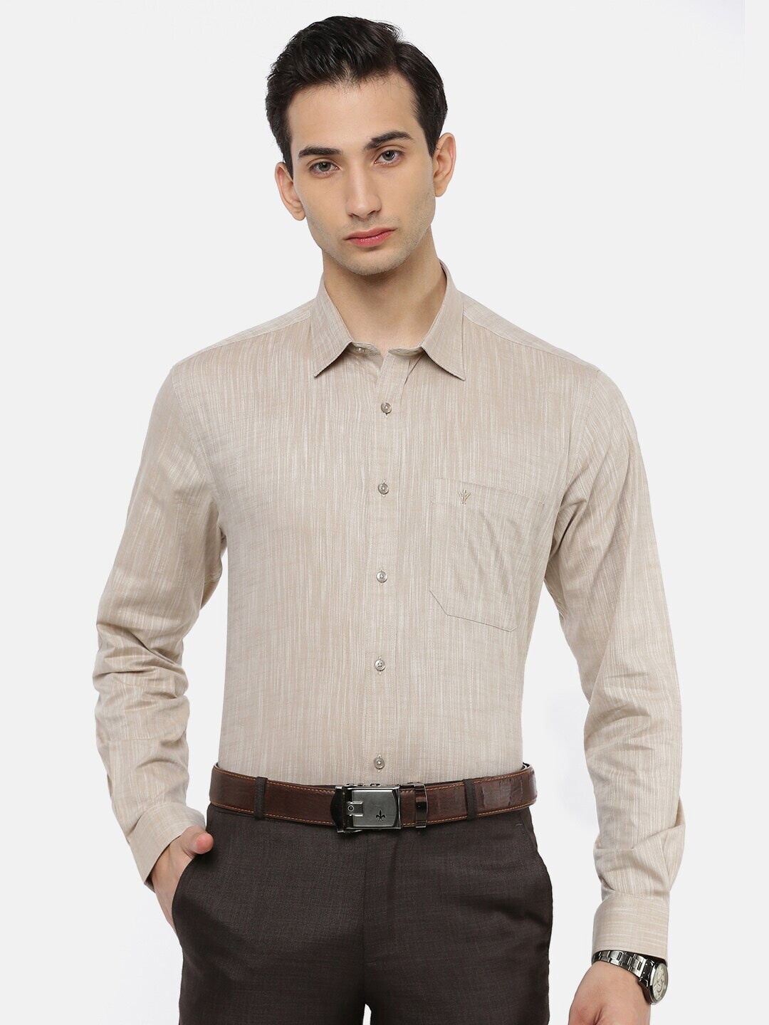 

Ramraj Original Spread Collar Pure Cotton Formal Shirt, Beige