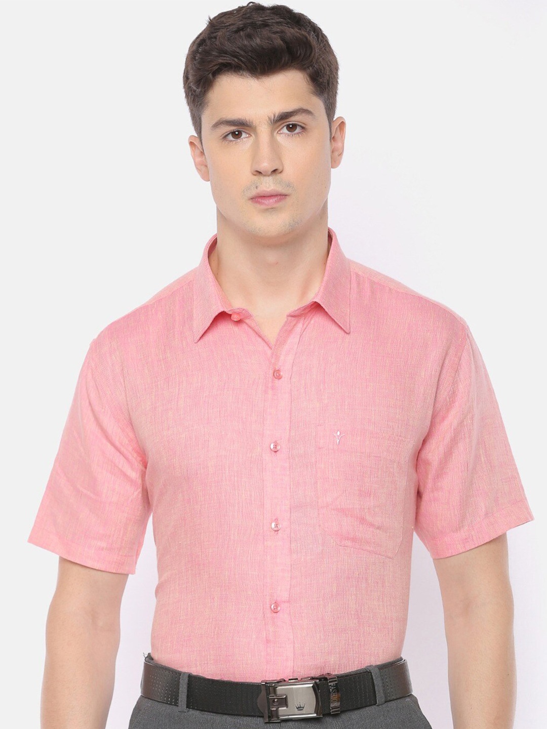 

Ramraj Spread Collar Original Pure Linen Formal Shirt, Pink