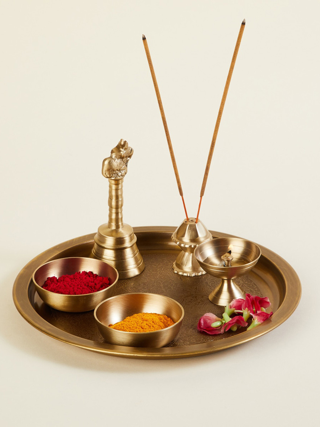 

Home Centre Vrindawan 6 Pcs Gold-Toned Textured Pooja Thali Set