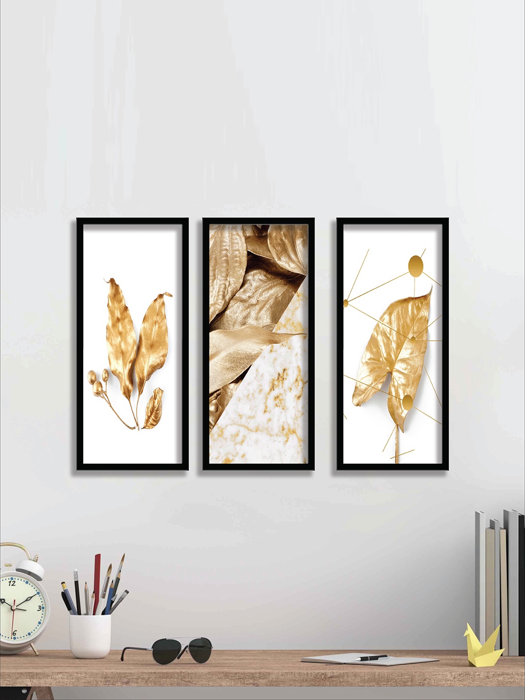 

SAF White 3 Pieces Golden Leaves Painting Wall Arts