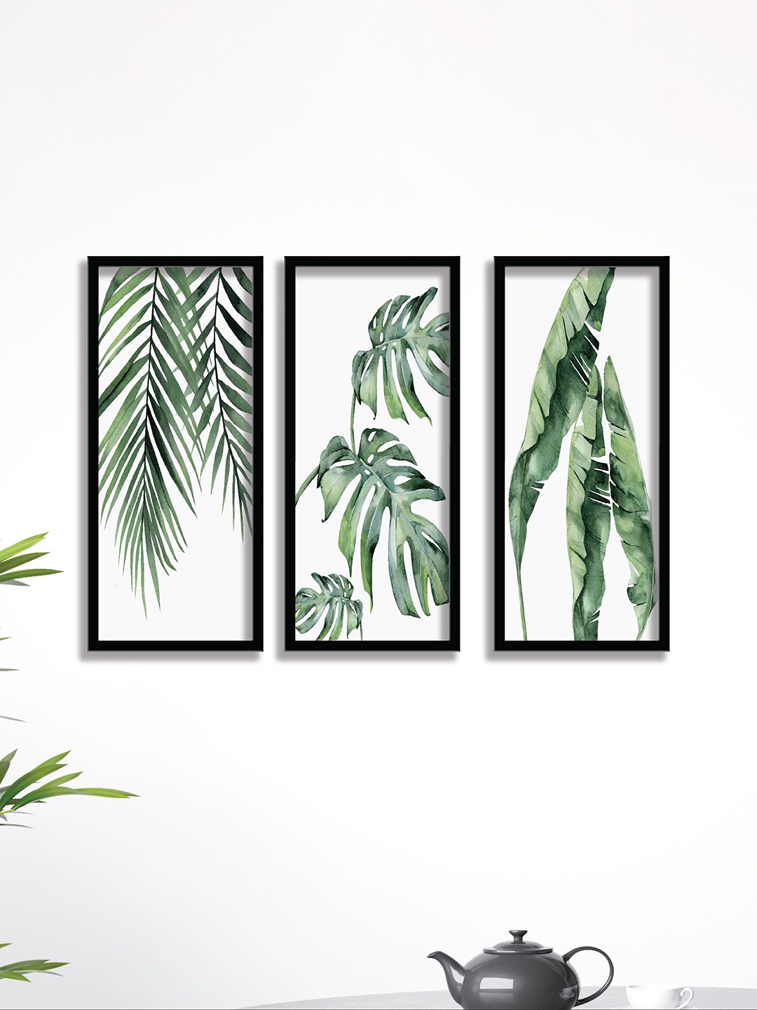 

SAF Green & White 3 Pieces Tropical Leaves Painting Wall Arts