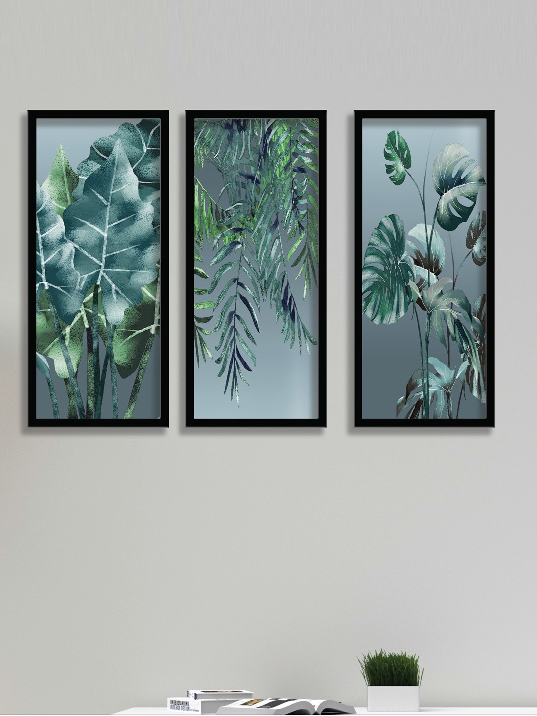 

SAF Grey & Green 3 Pieces Tropical Leaves Painting Wall Arts