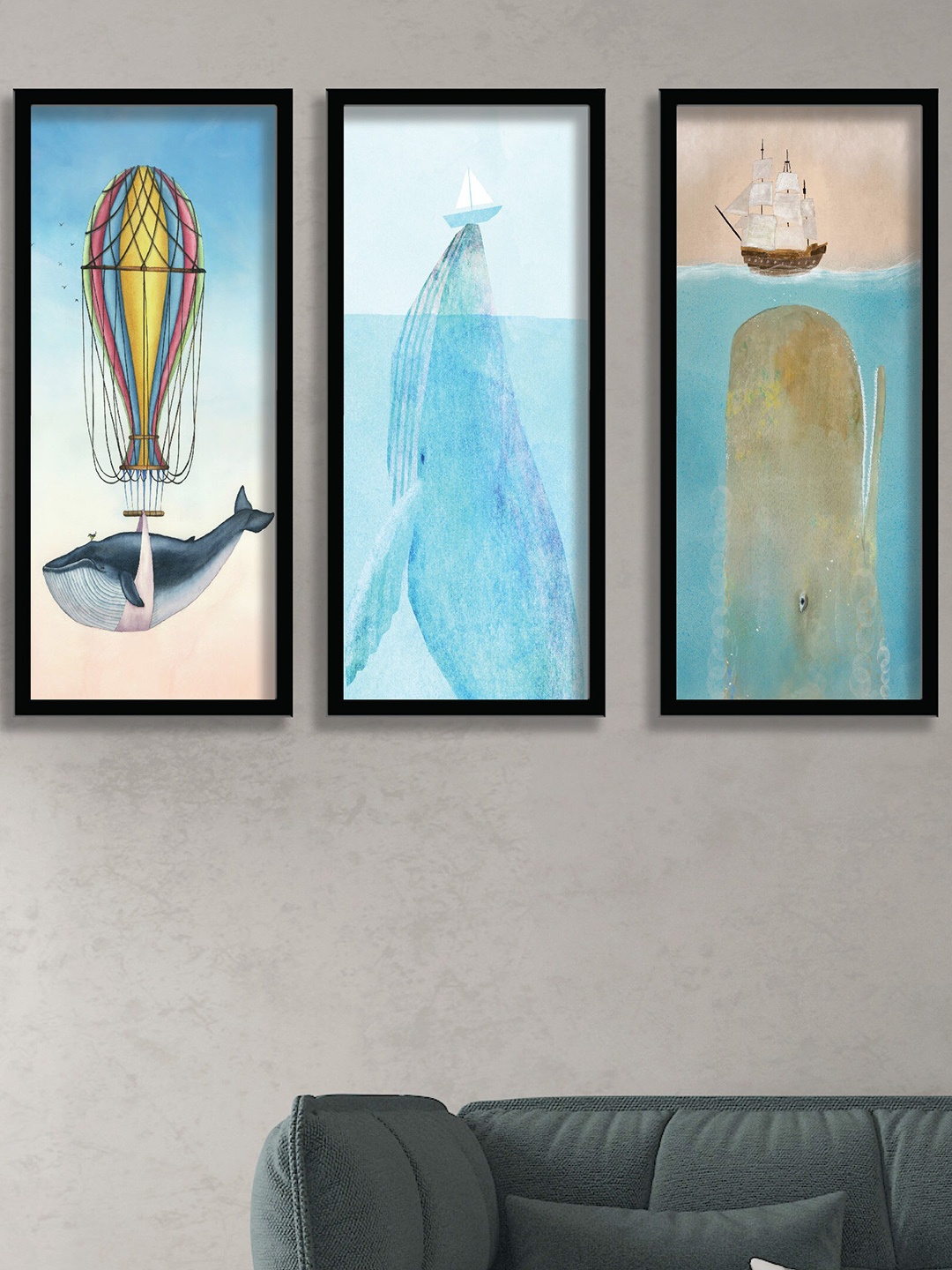 

SAF Blue & Grey 3-Pieces Sea And Dolphin Printed Framed Wall Art