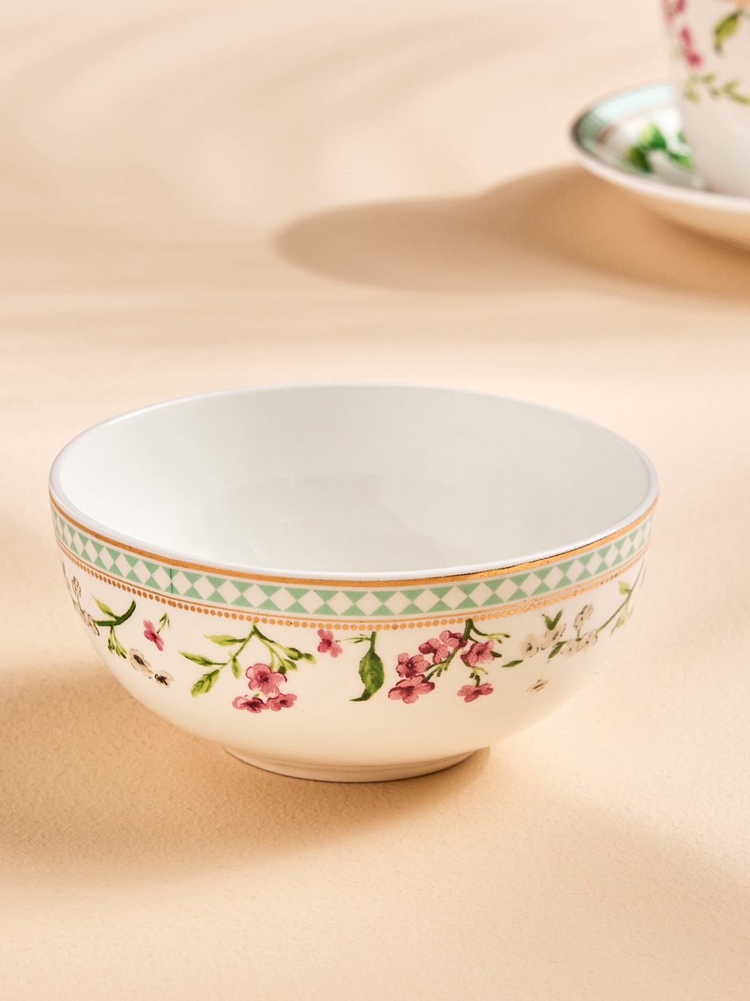 

Home Centre Hoovu White & Pink Floral Printed Bone China Printed Katori 240 ml