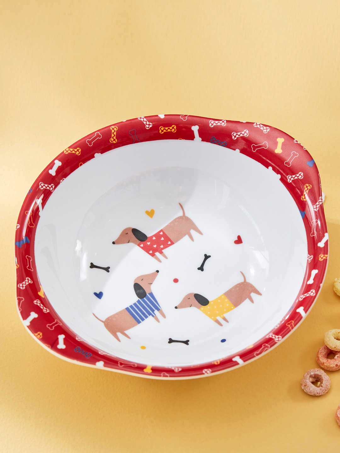 

Home Centre Glee White & Red Printed Melamine Bowl With Ear Handles - 350 ML