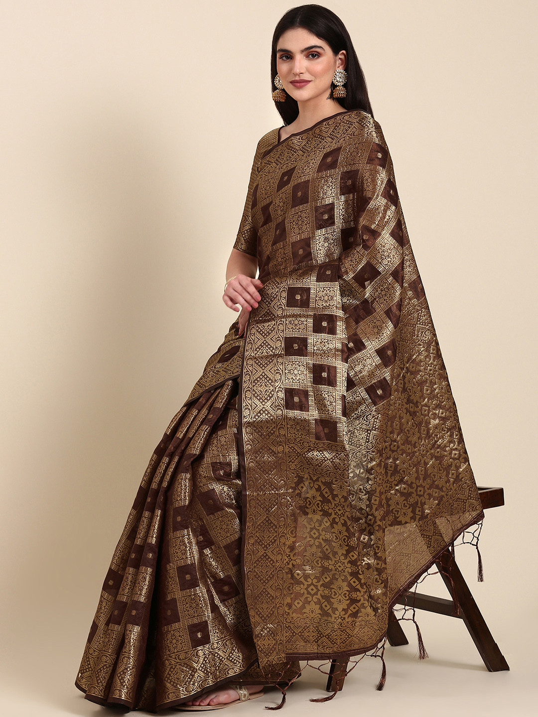 

Anouk Ethnic Motifs Zari Silk Blend Saree, Coffee brown