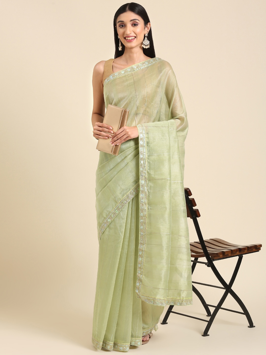 

Anouk Striped Sequinned Saree, Green