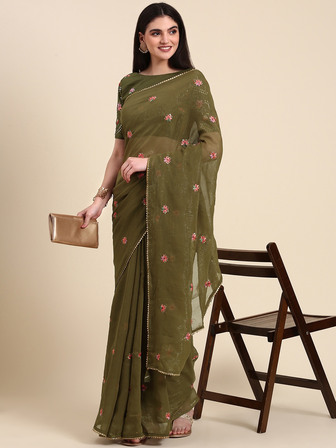

Anouk Floral Sequinned Silk Blend Saree, Olive