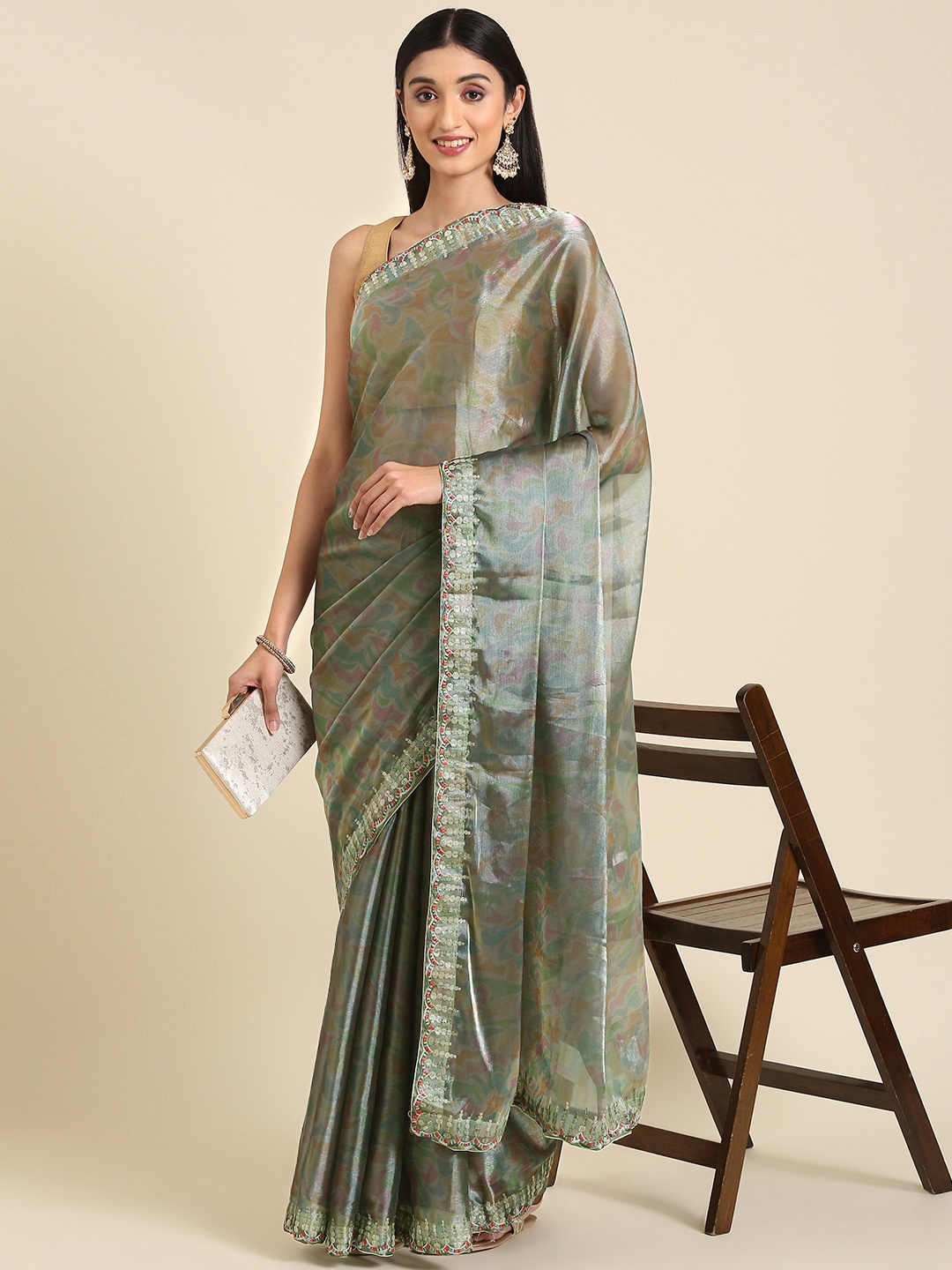 

Anouk Abstract Printed Zari Saree, Green