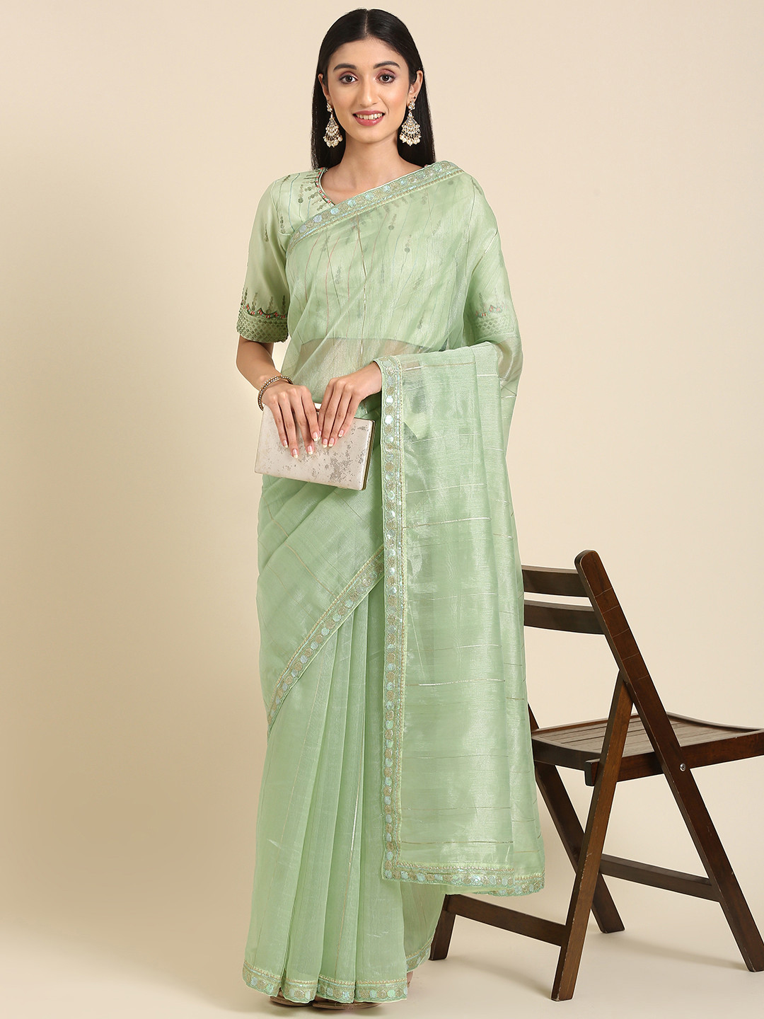 

Anouk Striped Sequinned Saree, Green