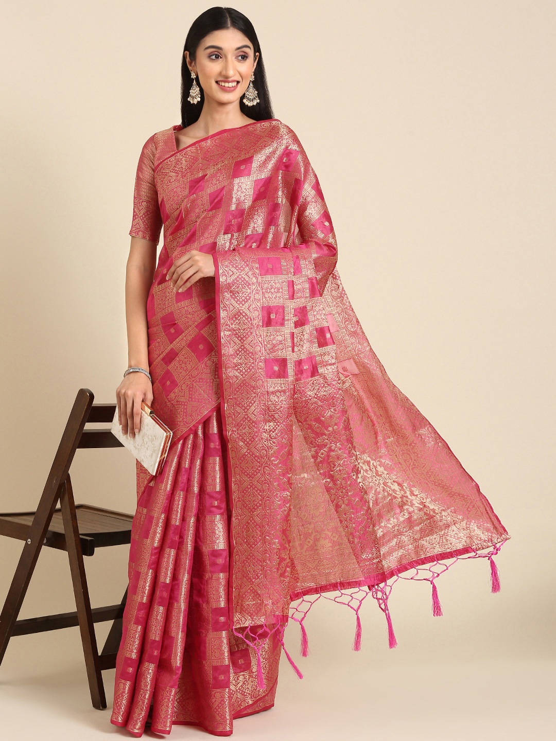 

Anouk Ethnic Motifs Woven Design Zari Saree, Pink