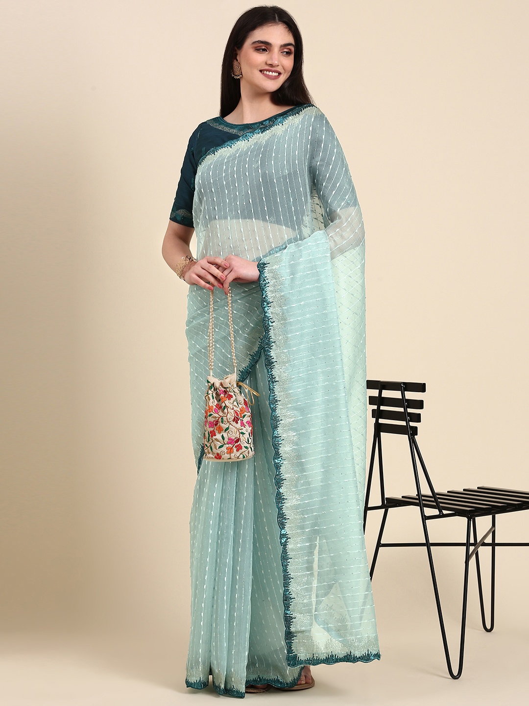 

Anouk Embroidered Striped Sequinned Saree, Blue