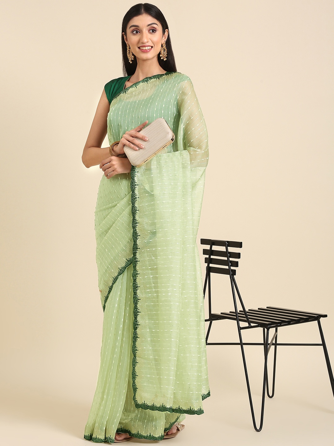 

Anouk Striped Embroidered Sequinned Saree, Green