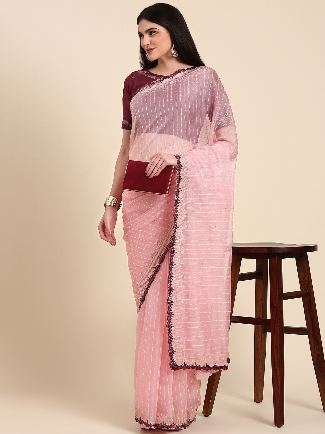 

Anouk Embroidered Striped Sequinned Saree, Pink