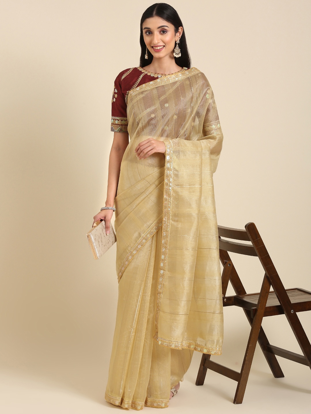 

Anouk Striped Sequinned Saree, Beige
