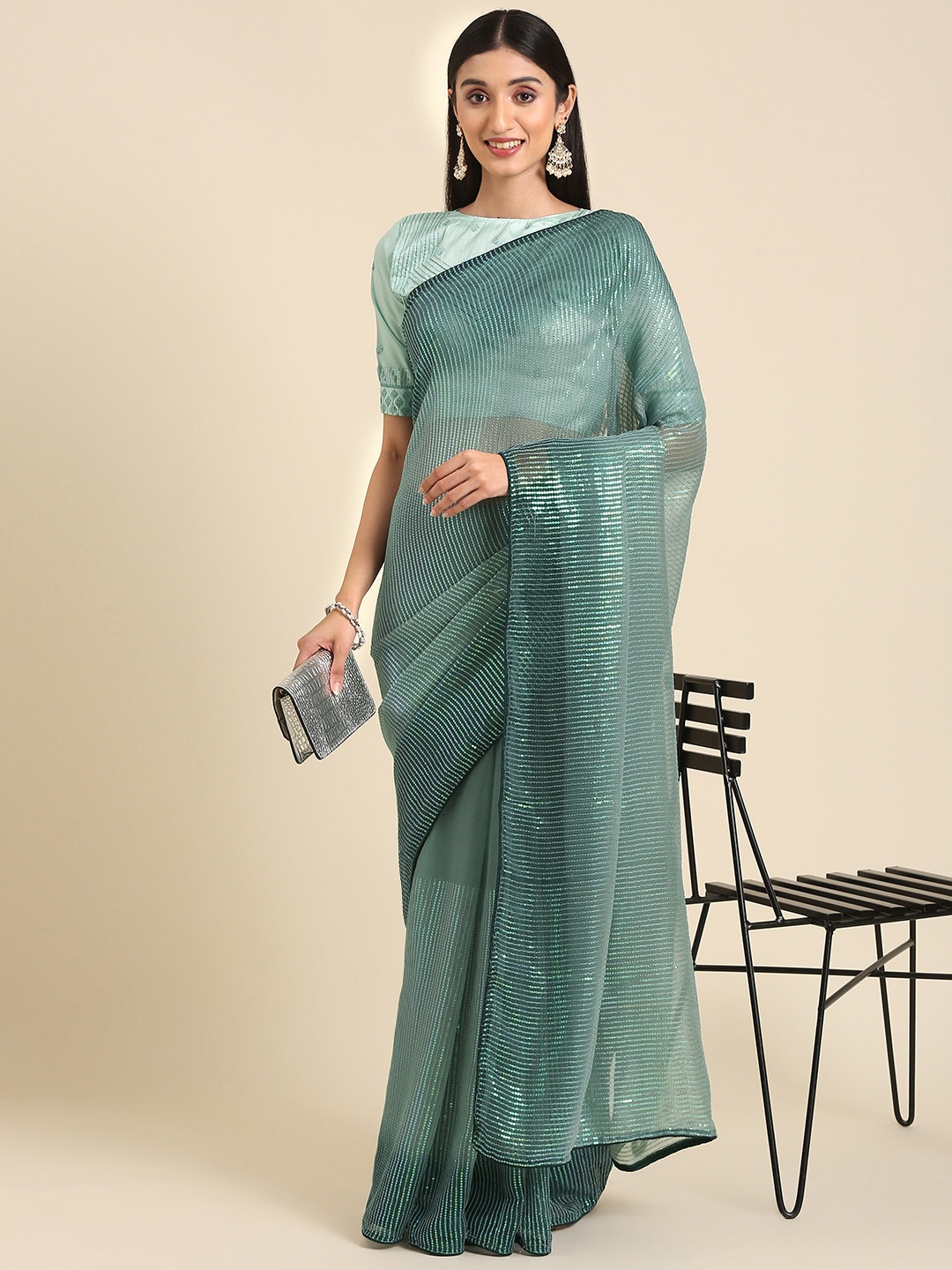 

Anouk Striped Embroidered Sequinned Saree, Green