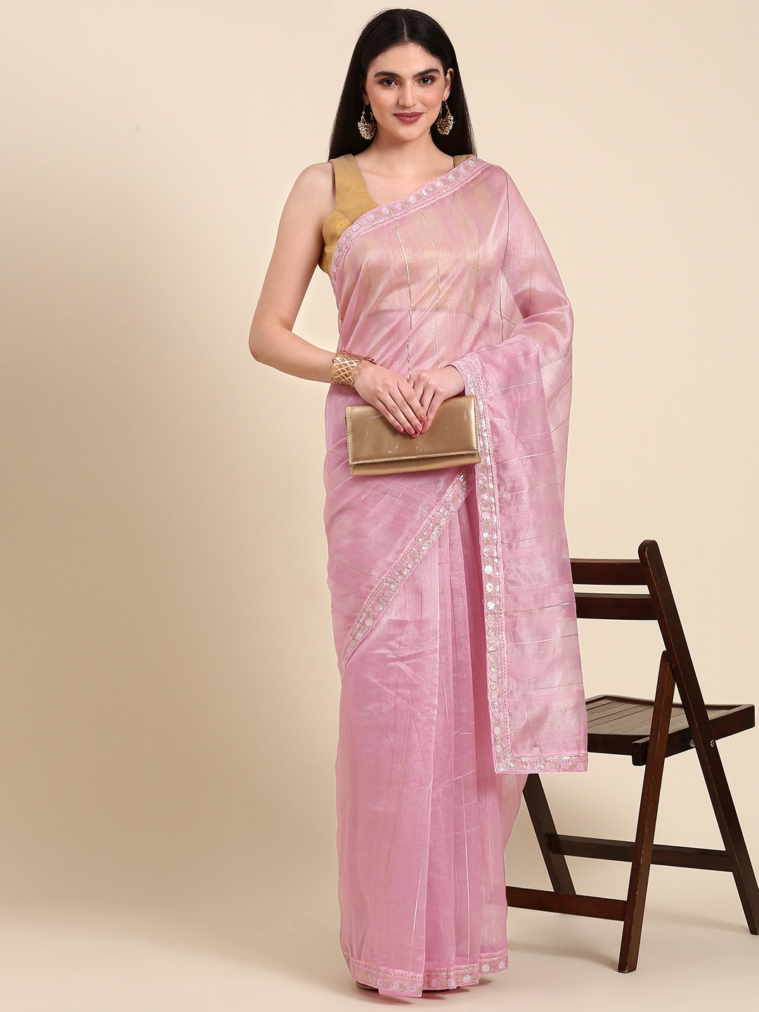 

Anouk Striped Sequinned Silk Blend Saree, Pink
