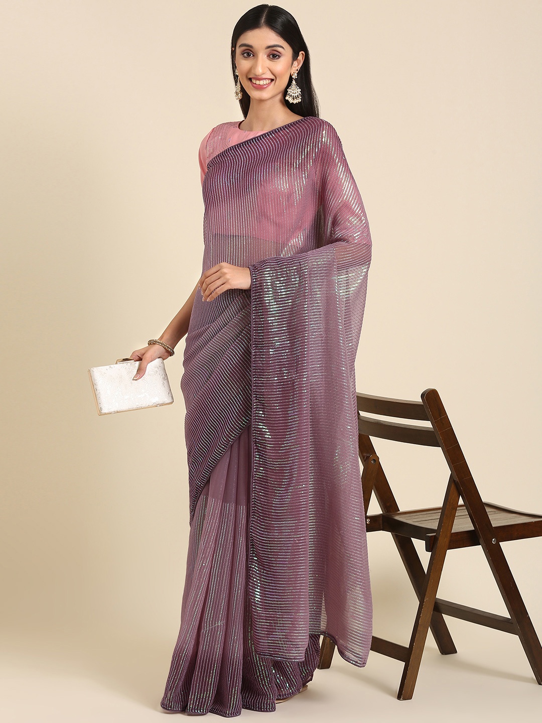 

Anouk Striped Embroidered Sequinned Saree, Lavender