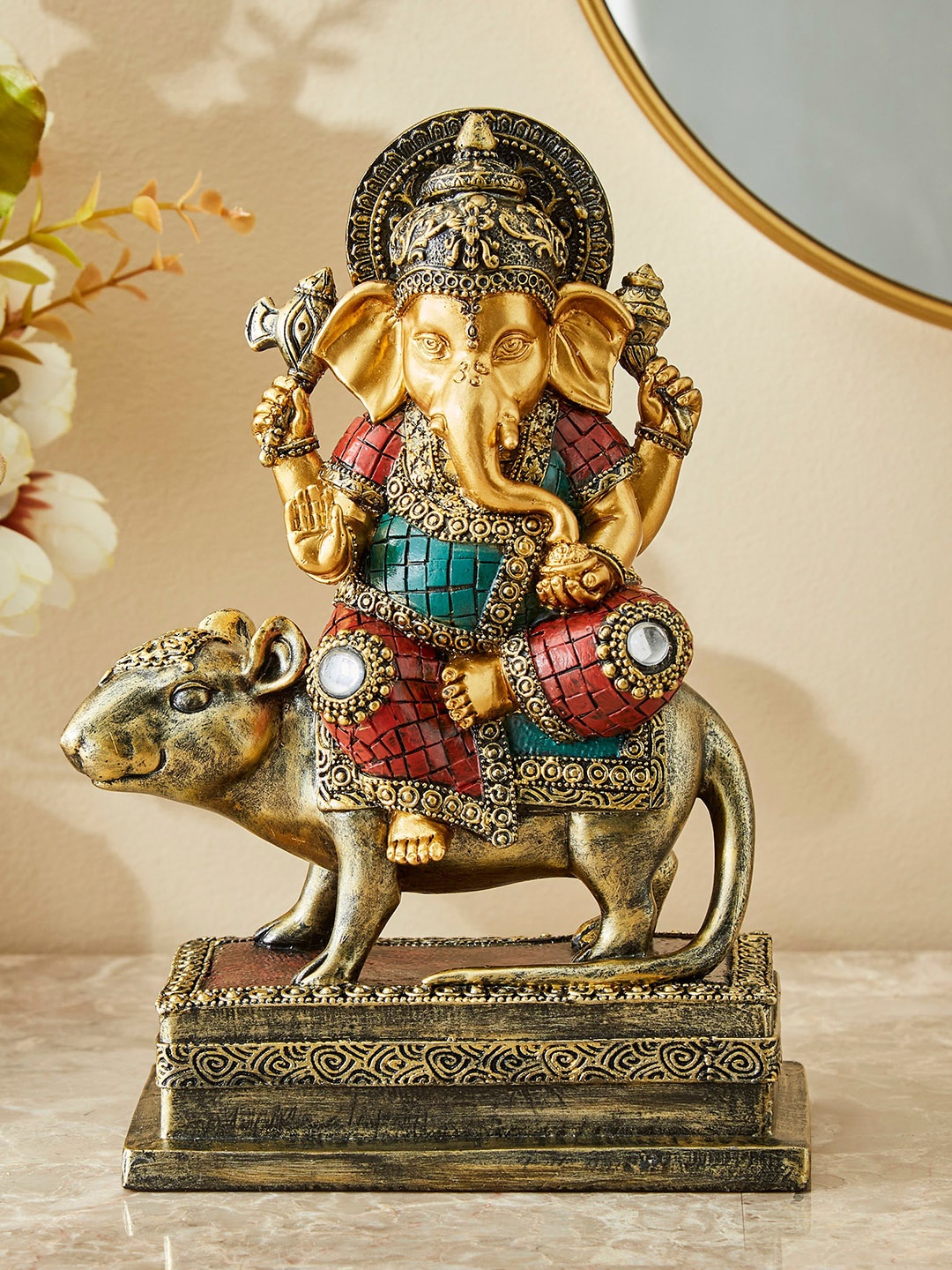 

Home Centre Blue Textured Ganesha On Mouse Figurine Showpiece, Gold