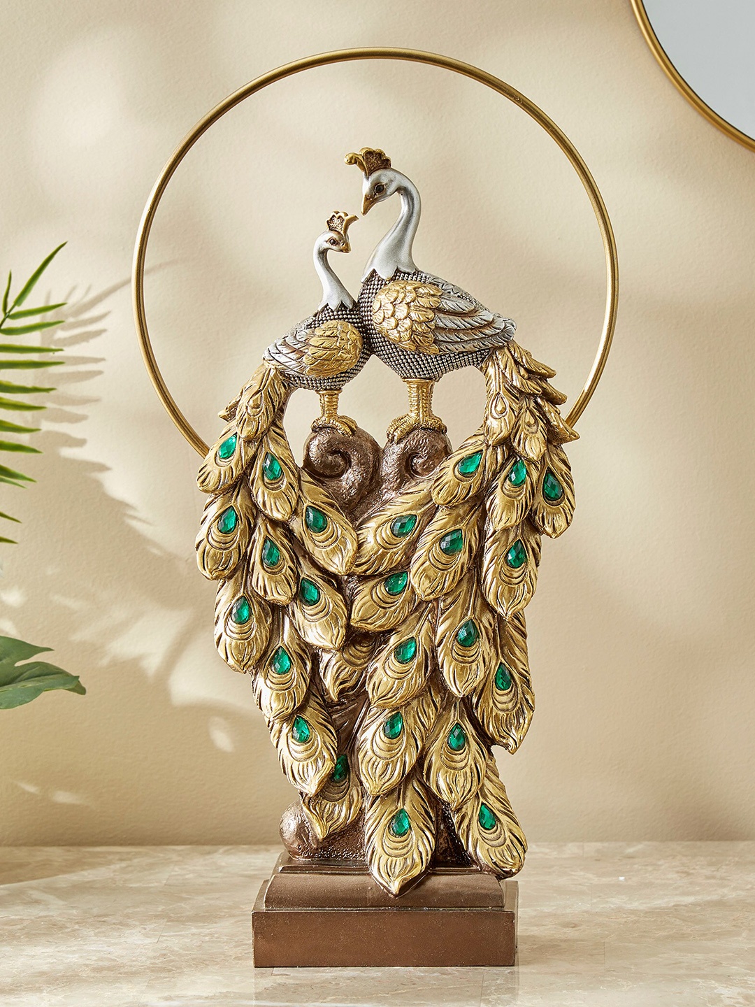 

Home Centre Golden Peacock With Metal Ring Figurine Showpiece, Gold
