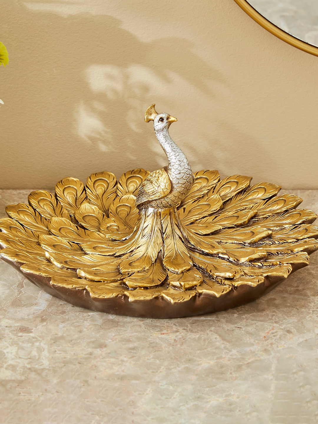 

Home Centre Golden Peacock Platter Showpiece, Gold