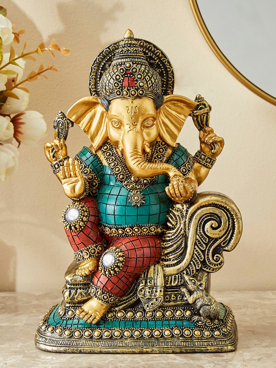 

Home Centre Gold-Toned & Green Ganesha Sitting On Chair Showpiece