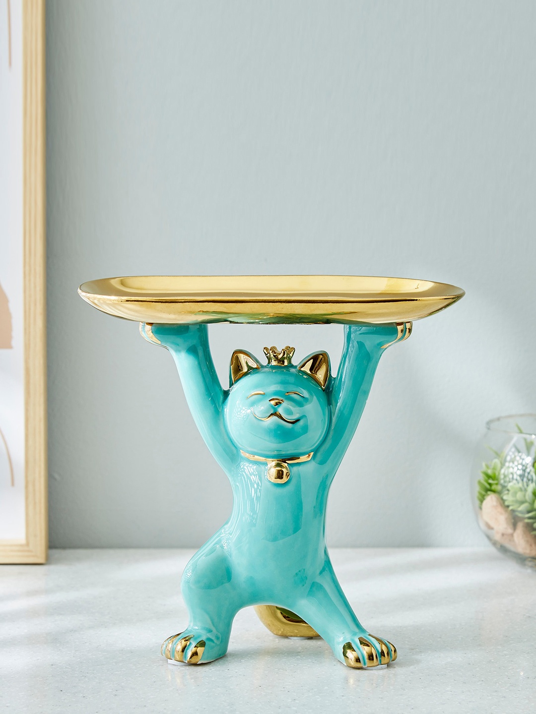 

Home Centre Souvenir Teal Blue Textured Ceramic Cat With Platter Figurine Showpiece