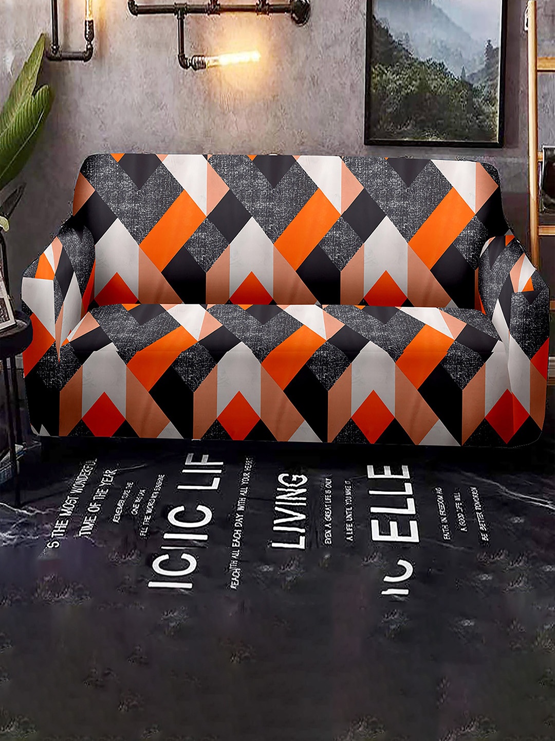 

Home Centre Morgan Grey & Orange-Coloured Printed 2-Seater Sofa Cover With Arms