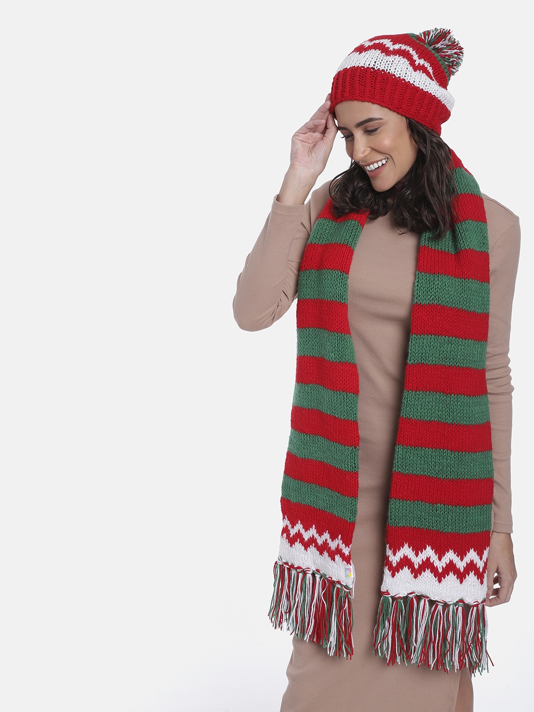 

Magic Needles Women Striped Acrylic Beanie with Scarf, Red