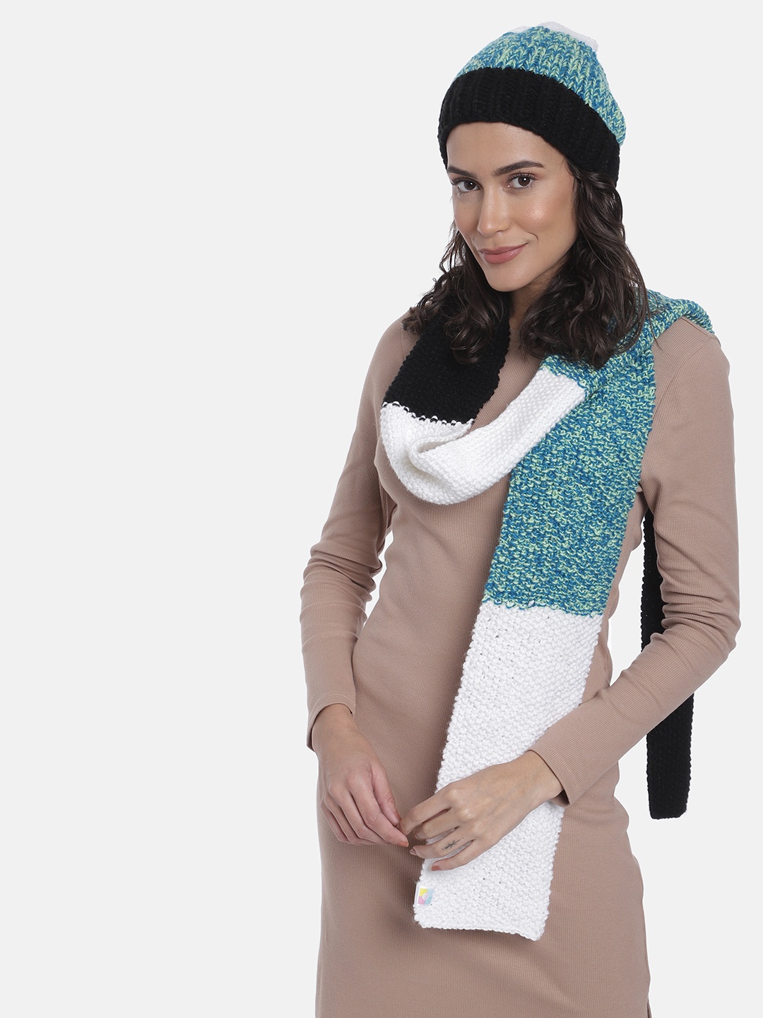 

Magic Needles Women Striped Acrylic Beanie with Scarf, White