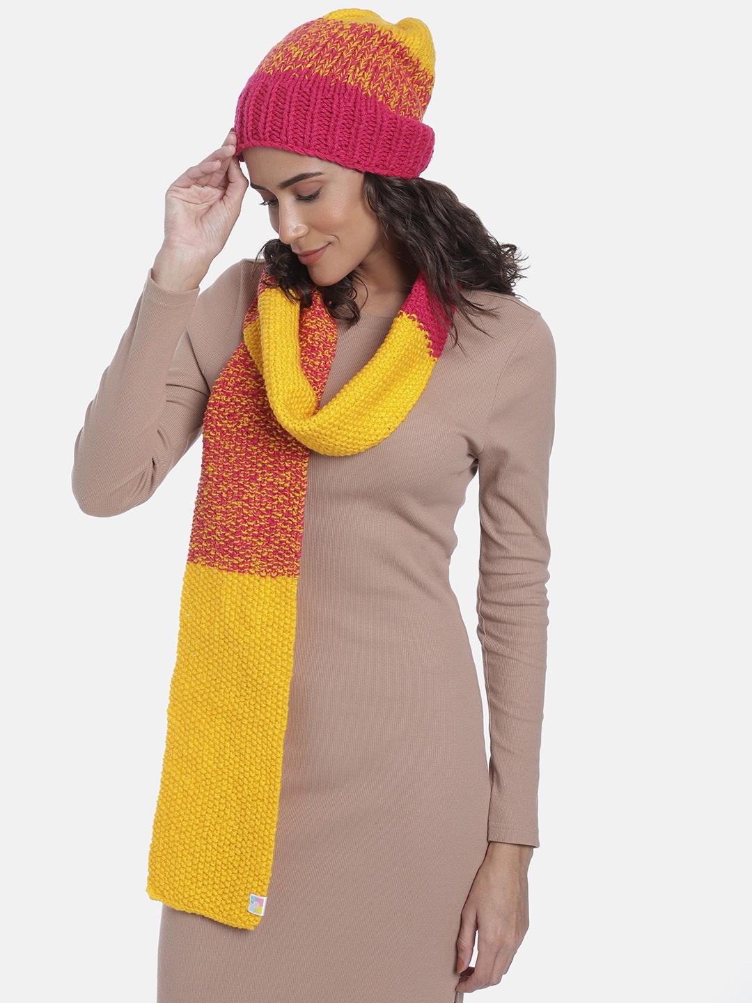 

Magic Needles Women Colourblocked Acrylic Beanie with Scarf, Yellow