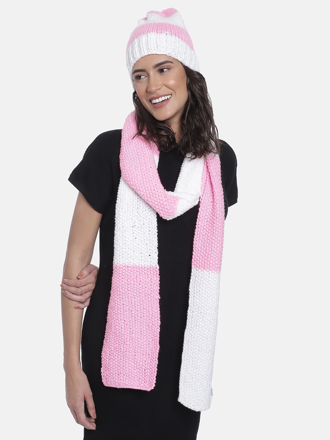 Magic Needles Women Striped Acrylic Beanie with Scarf, Pink