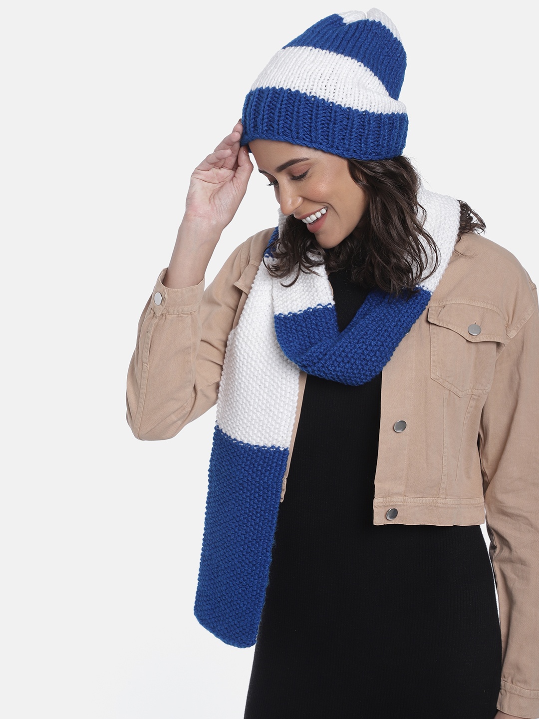

Magic Needles Women Striped Acrylic Beanie with Scarf, Blue