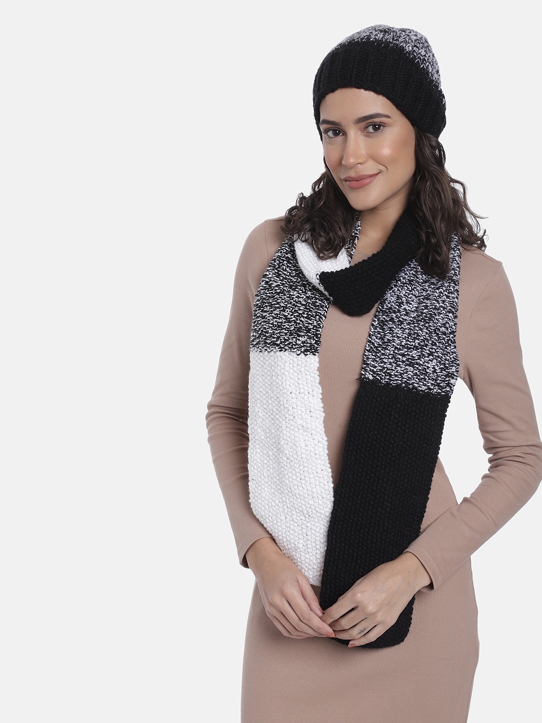 

Magic Needles Women Colourblocked Acrylic Beanie with Scarf, Black