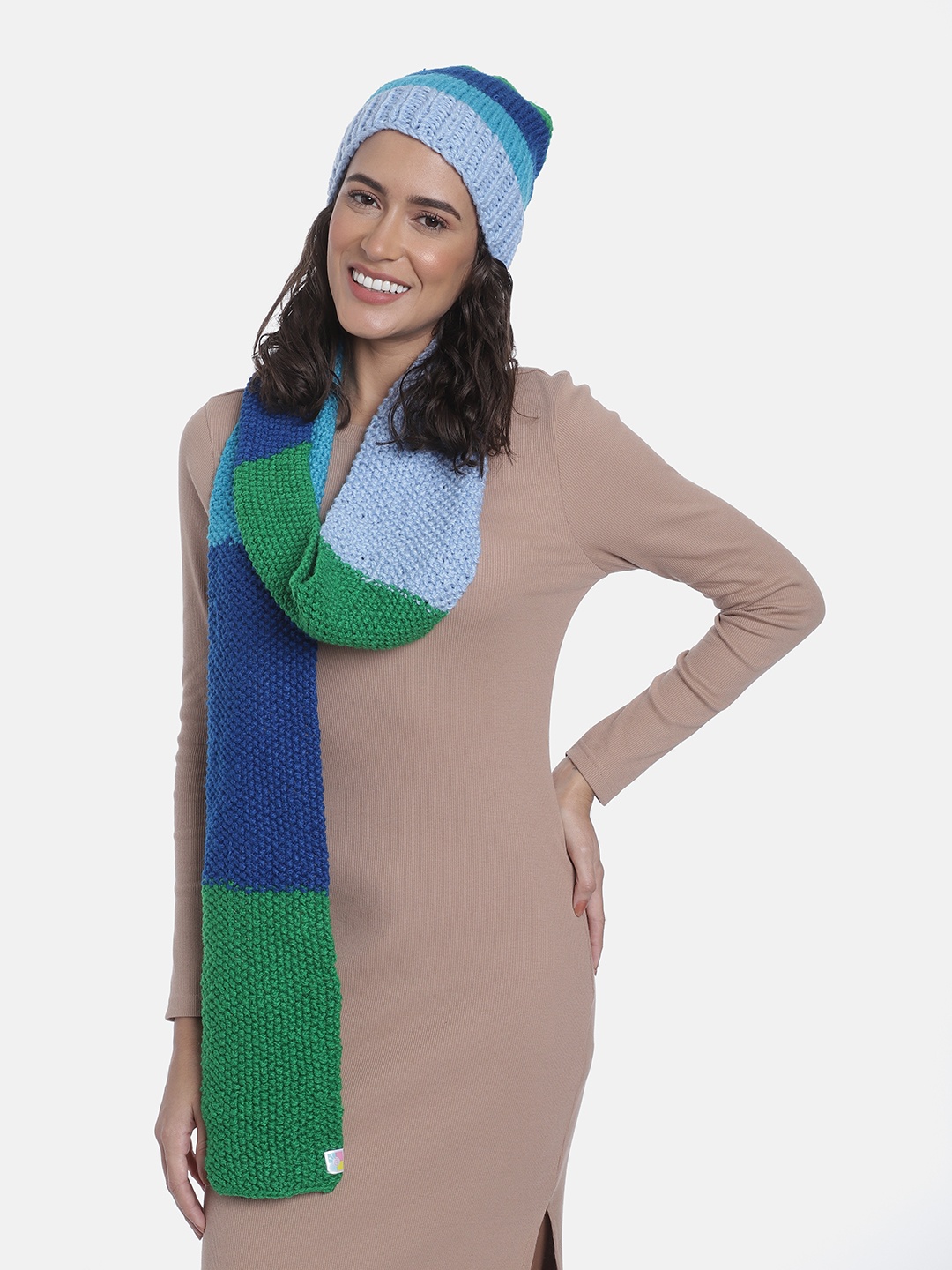 

Magic Needles Women Striped Acrylic Beanie with Scarf, Multi