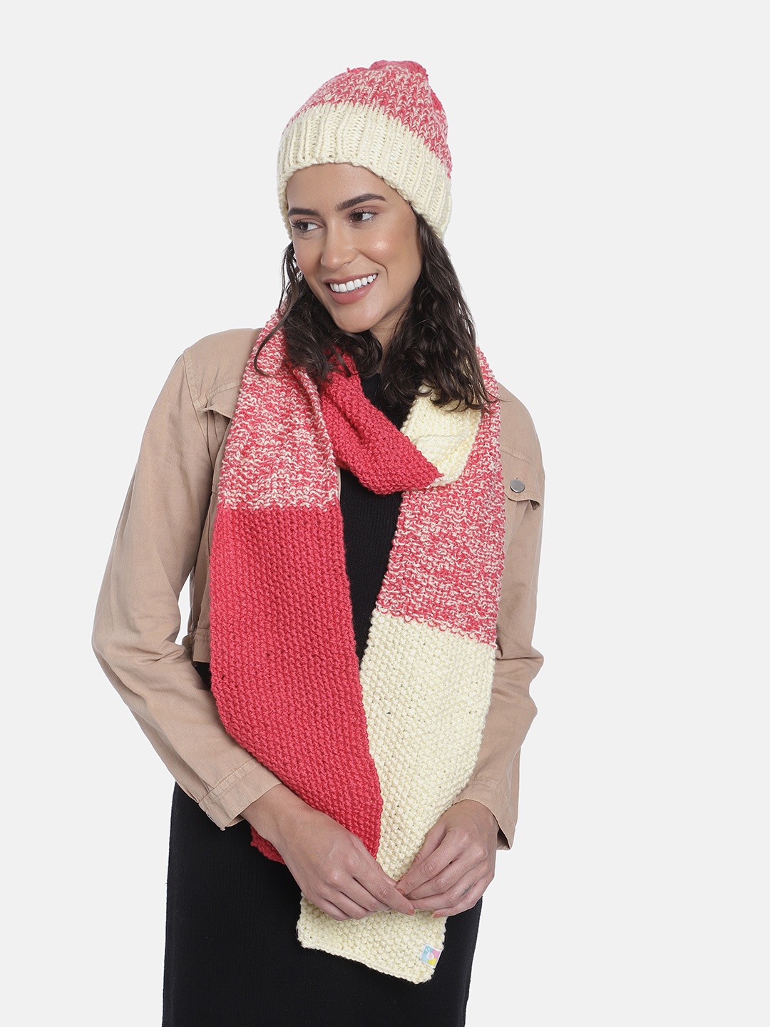 

Magic Needles Women Colourblocked Acrylic Beanie with Scarf, Beige