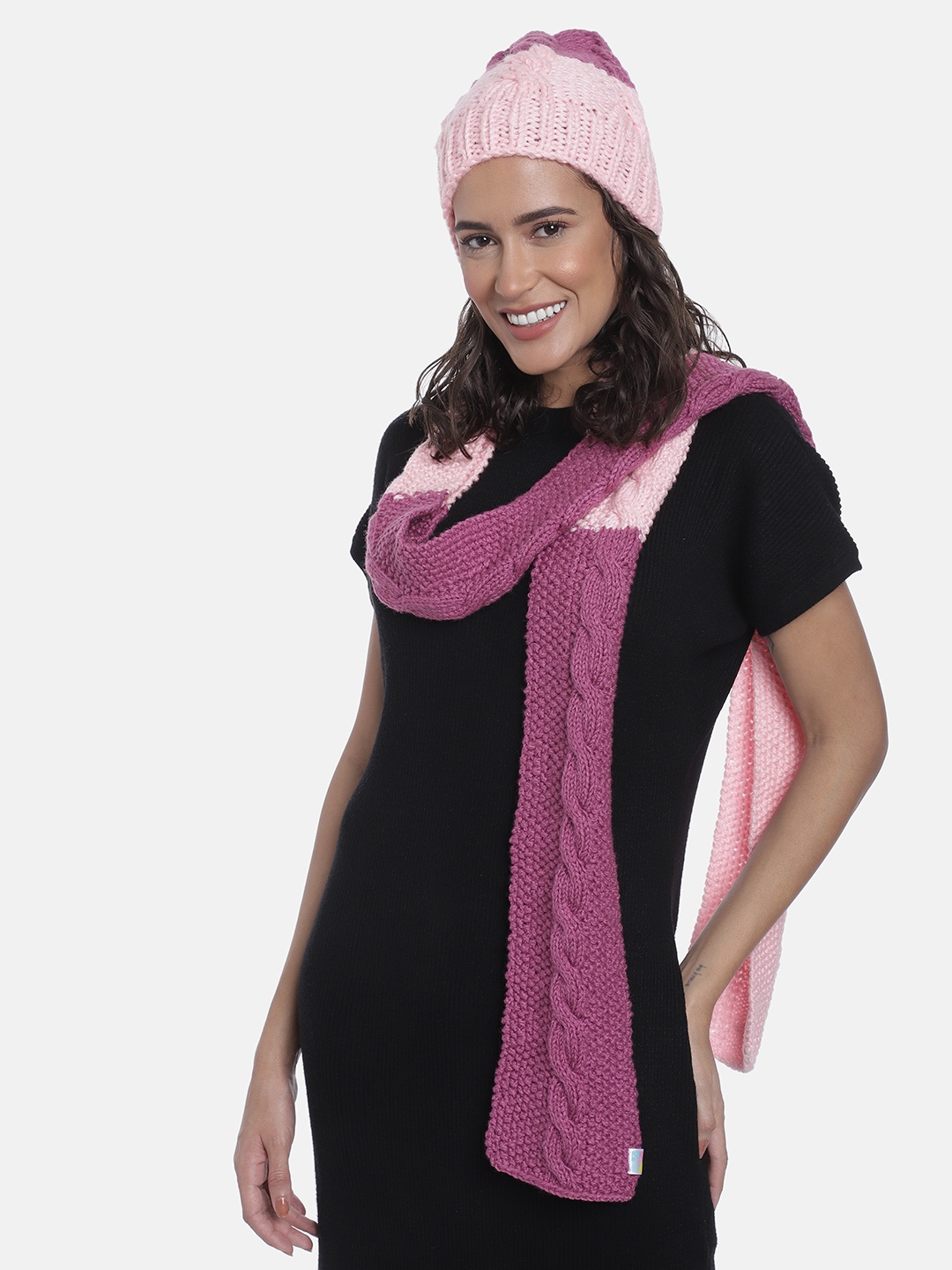 

Magic Needles Women Colourblocked Acrylic Beanie with Scarf, Pink